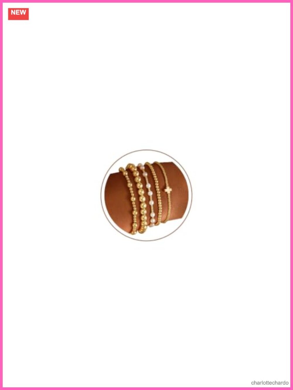 5-Piece Gold Plated Beaded Bracelet Set, Pearl Cross Stretch Stackable Jewelry